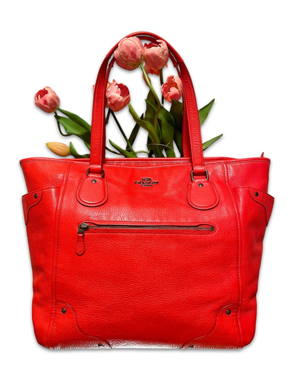Coach Mickie Red Genuine Leather Tote large Bag top grain Carryall zipper